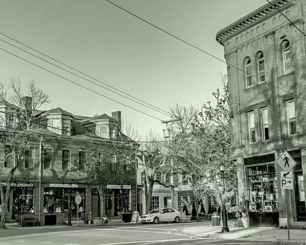 Historic street scene with brick buildings